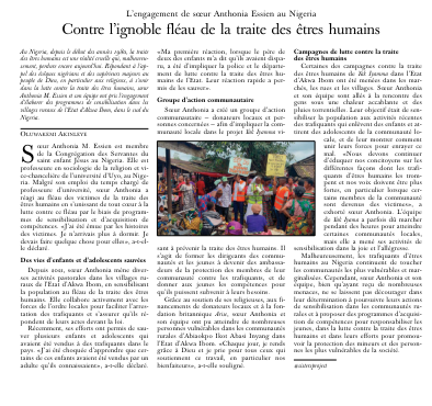 7mai édition hebdomadaire en langue française. Au Nigeria, sœur Anthonia Essien et son équipe, élaborent des programmes de sensibilisation dans les villages ruraux contre le fléau de la traite des êtres humains #sistersproject bit.ly/31OVNch