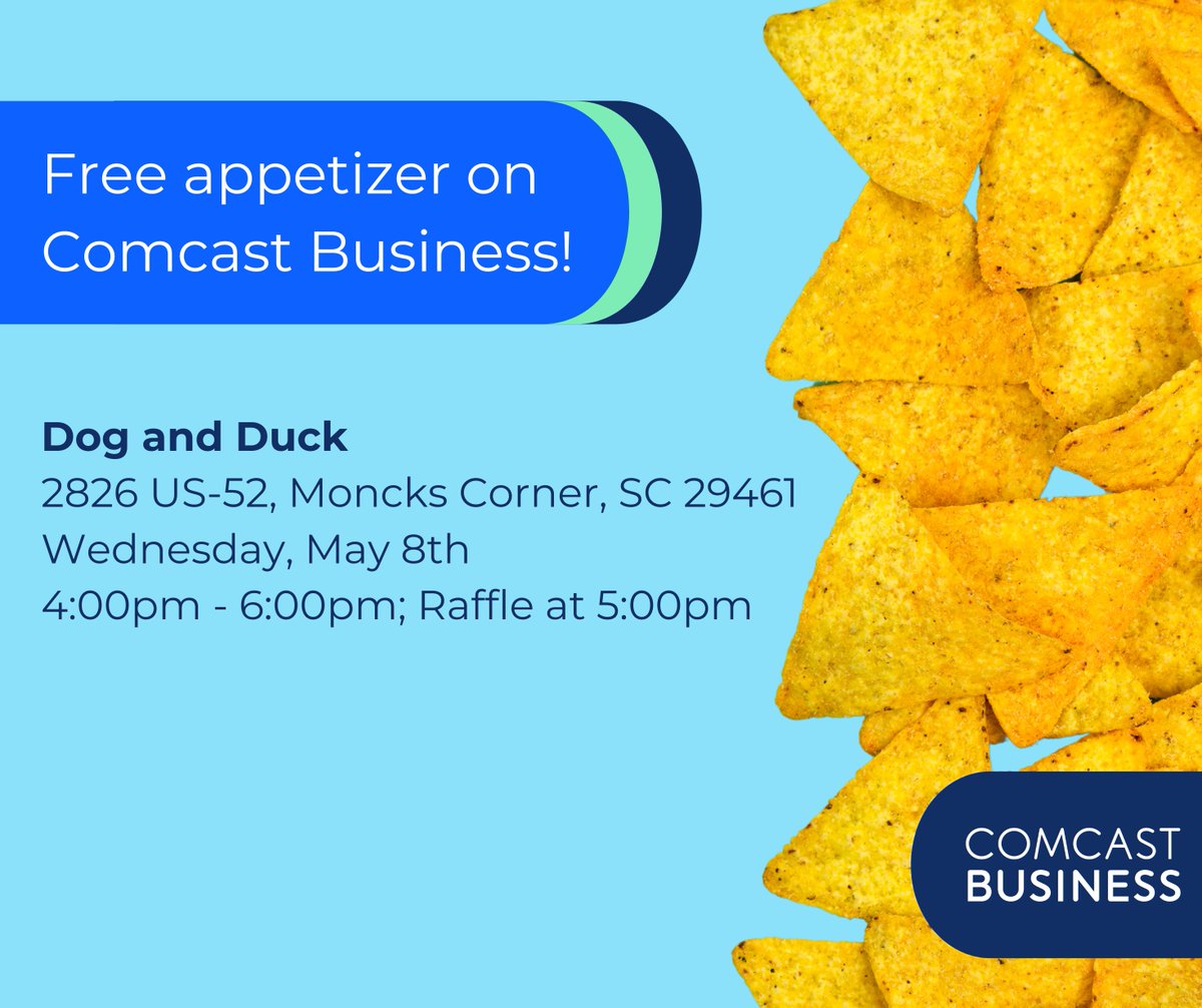 See you tonight, Moncks Corner! 👋 @comcastbusiness is hosting a party at Dog & Duck in #MoncksCorner, SC from 4 to 6 p.m. 🎉 Each table will receive a free appetizer. Everyone is invited! 😀