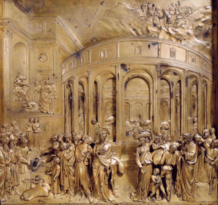 #ReliefWednesday - The 'Story of Joseph': Discovery of the Golden Cup by Lorenzo Ghiberti. (Panel Detail of the East Doors ('The Gates of Paradise') of the Florence Baptistery. The 'Story of Joseph' is made of gilded bronze and measures 79 x 79 cm.