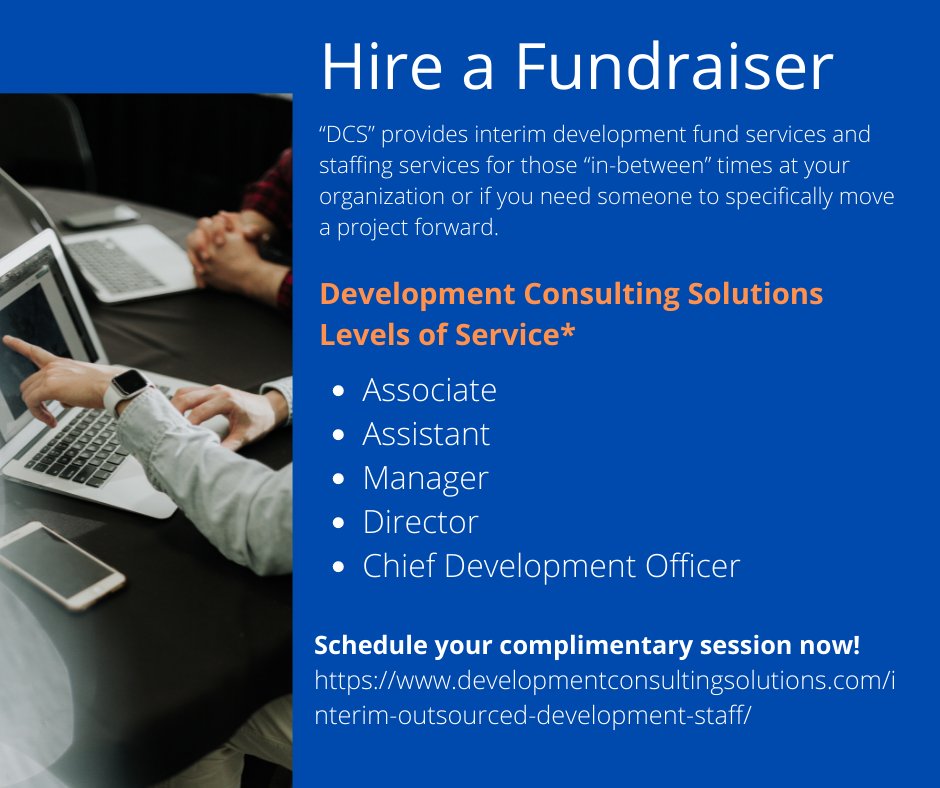 Hire a Fundraiser Schedule your complimentary session now: developmentconsultingsolutions.com/interim-outsou… #coaching #nonprofit #fundraising #fundraisingideas #charityfundraiser