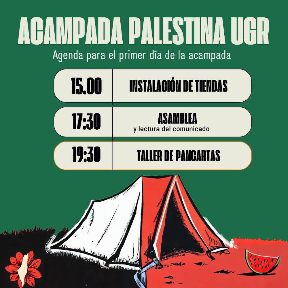 🚩 Estudiantado y profesorado debatimos estos días conjuntamente cómo articular una respuesta unitaria al sionismo en nuestros centros de estudio en Granada. Por la ruptura de relaciones con el Estado de Israel. 

🏕️Acampando ya en paseíllos universitarios.
#StudentsforPalestine