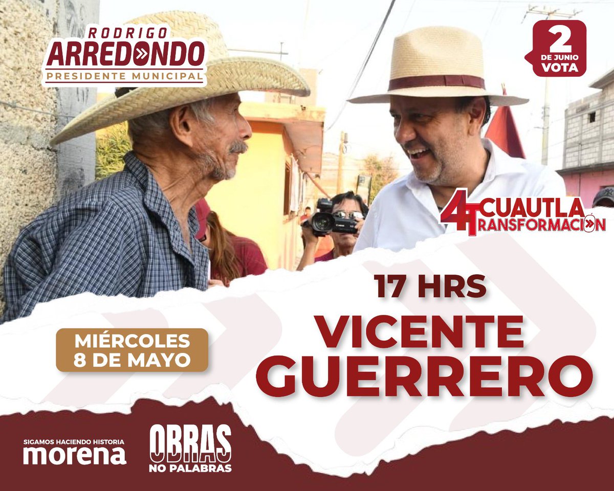 Vecinas y vecinos de la 📍Colonia Vicente Guerrero, nos vemos hoy miércoles 🗓️ 8 de mayo a las 5 pm, en la Ruta de la Transformación, acudan con toda su familia. 🤩

#RodrigoArredondo #CuautlaTransformación #Elecciones2024