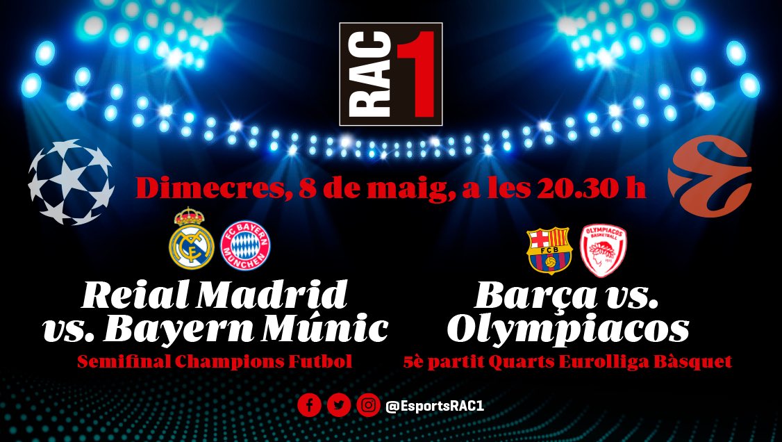 💥 #SUPERDIMECRES a cara o creu a @rac1!   

⚽️ Madrid - Bayern amb @DamiaLopez 
🏀 @FCBbasket - Olympiacos amb @daniaguila12   

📻 Per rematar-ho, #TuDiràs amb @aleixparise