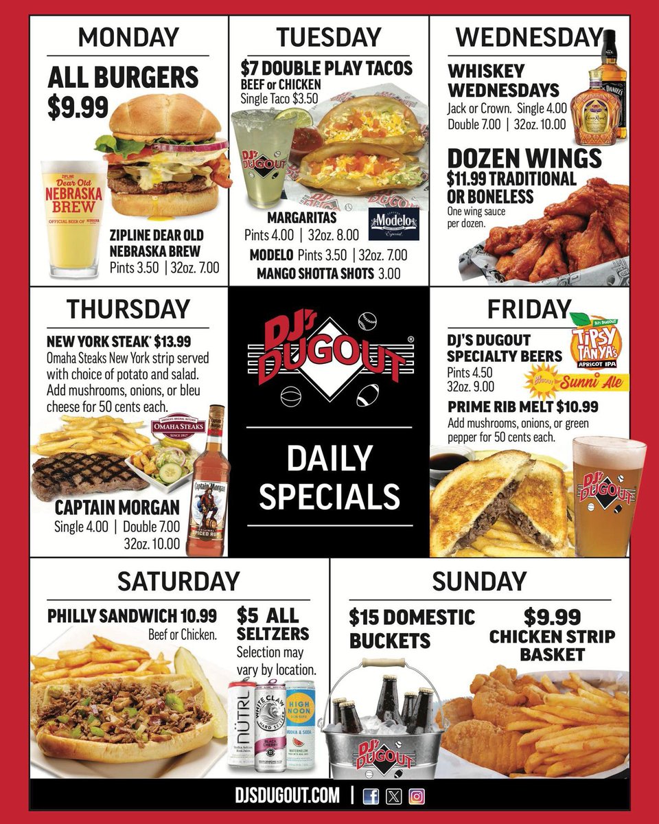 You can always count on DJ's for great Daily Specials! 😋 Such a fun variety of menu items to try & love each day, come see us!
