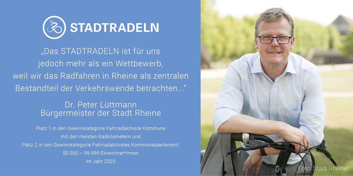 Auch 2023 konnte die Stadt #Rheine den Titel als fahrradaktivste Kommune verteidigen. Heute startet Rheine ins #STADTRADELN 2024 – und wir sind gespannt wie die Kommune diesmal abschneidet. Bürgermeister Dr. Peter Lüttmann zum Abschneiden 2023: stadtradeln.de/statements