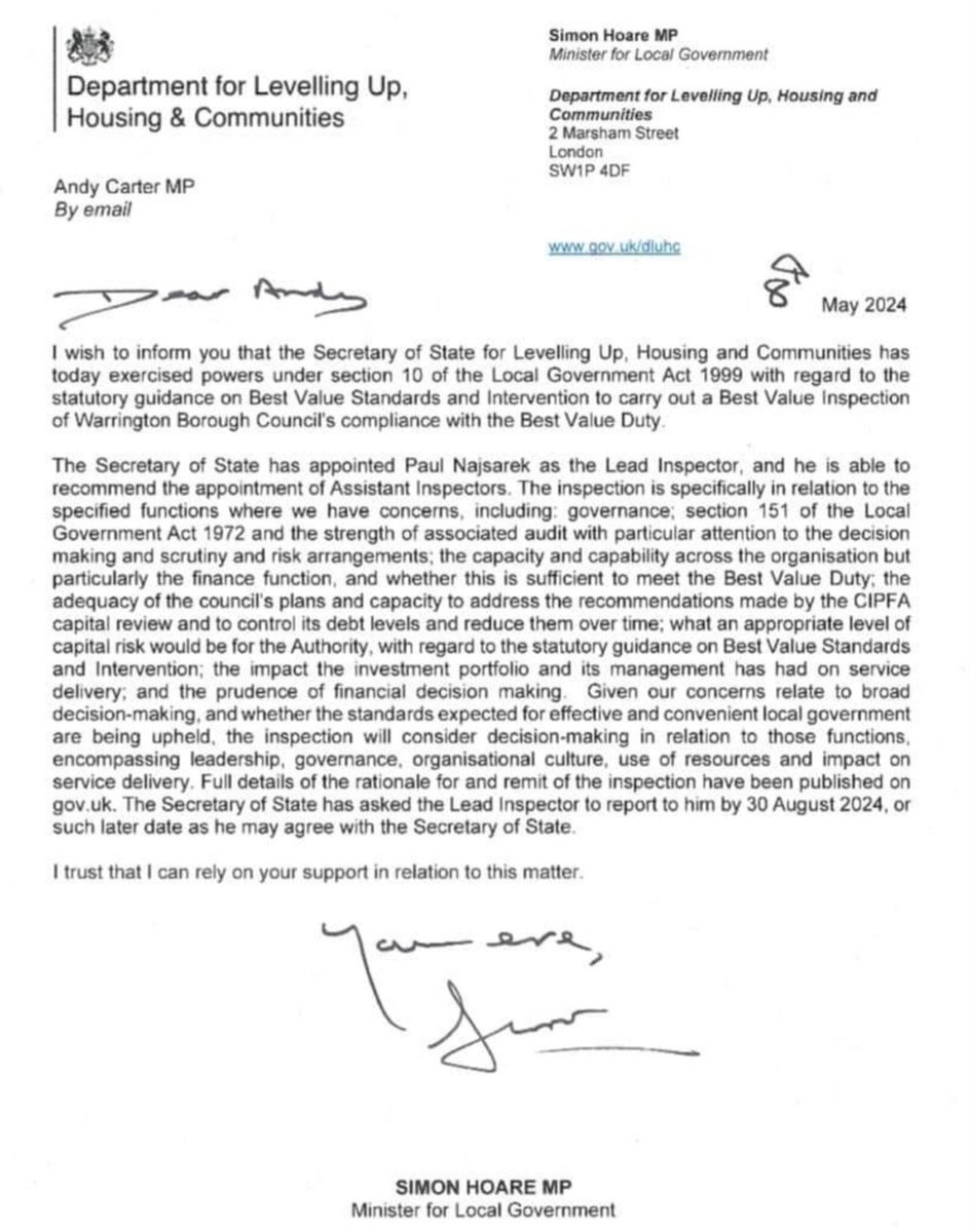 🔥 Simon Hoare MP (Department for Levelling Up) writing to Andy Carter, Conservative MP discussing the car crash 🔴 Labour Warrington Borough Council are heading for under the then leadership of Russ Bowden & Catherine Mitchell, before they ran off! @Simon4NDorset @MrAndy_Carter