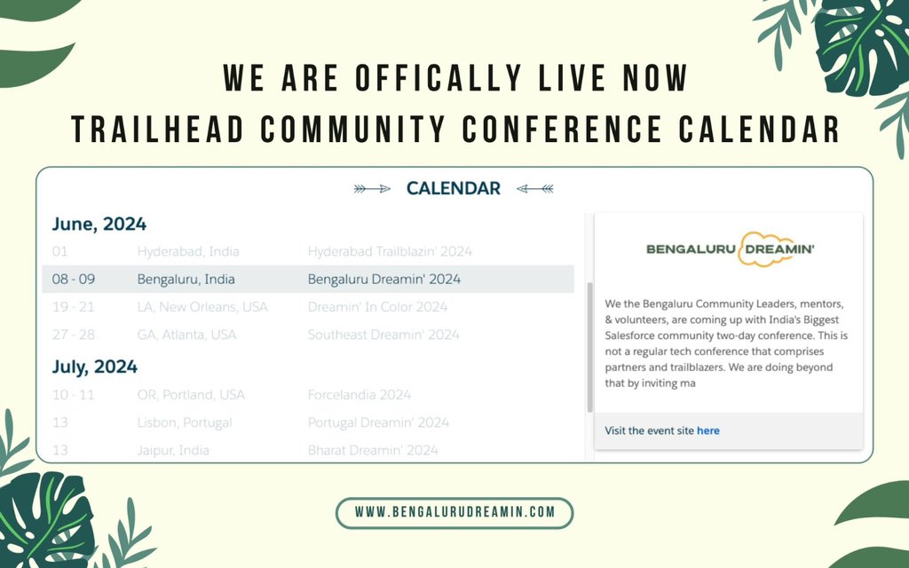 📢 𝐀𝐭𝐭𝐞𝐧𝐭𝐢𝐨𝐧 𝐓𝐫𝐚𝐢𝐥𝐛𝐥𝐚𝐳𝐞𝐫𝐬 !! We are excited to share that we are officially live on the Trailhead Community Conference Calendar 🥳 More details👇 linkedin.com/posts/bengalur… #BengaluruDreamin24 #Salesforce #Conference #TrailblazerCommunity
