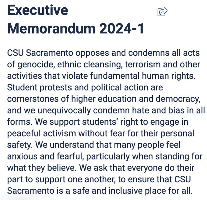NEW—Amid Gaza & divestment protests, Sacramento State University announces investment strategy to exclude “corporations & funds that profit from genocide, ethnic cleansing, and activities that violate fundamental human rights.” Affirms protest rights, condemns hate in all forms.
