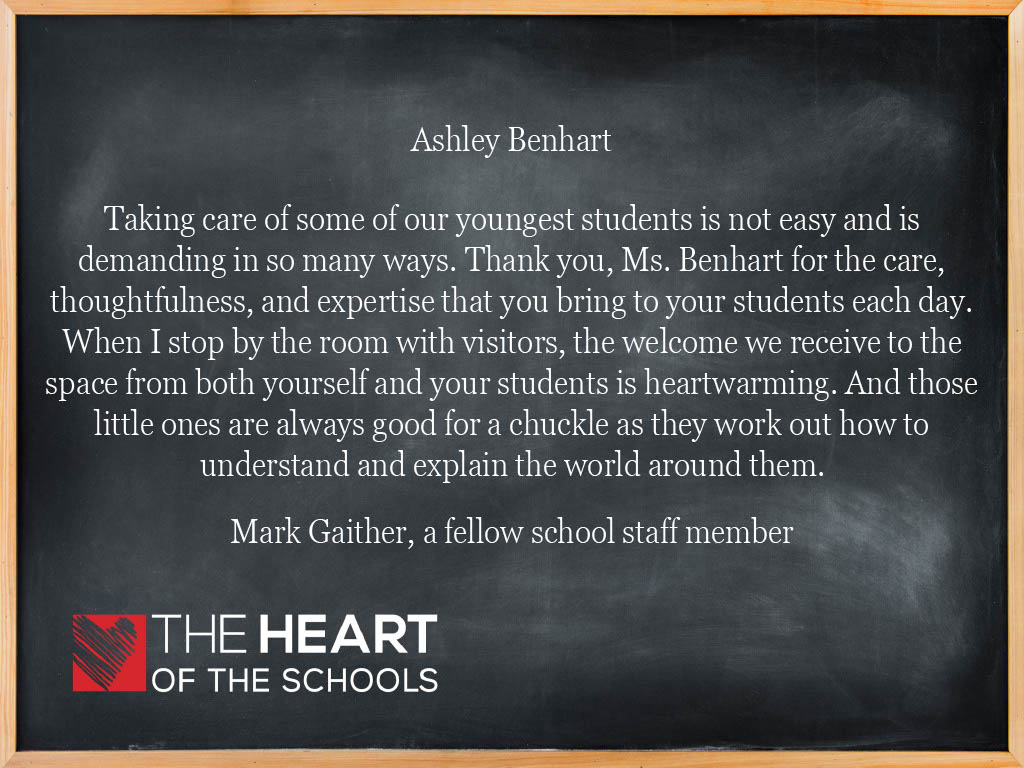 We're highlighting some #heartoftheschools Share Some Love notes the @baltcityschools community has shared so far! Up next is a message for Wolfe Street Academy teacher, Ashley Benhart! Interested in sending a heartfelt message? Share them here: bit.ly/2yfalms