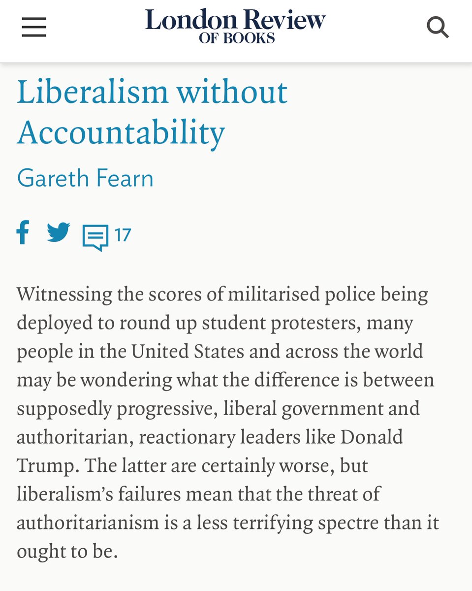 'Witnessing militarised police being deployed to round up student protesters, many in the US and across the world may be wondering what the difference is between supposedly progressive, liberal government and authoritarian, reactionary leaders like Trump.' lrb.co.uk/blog/2024/may/…