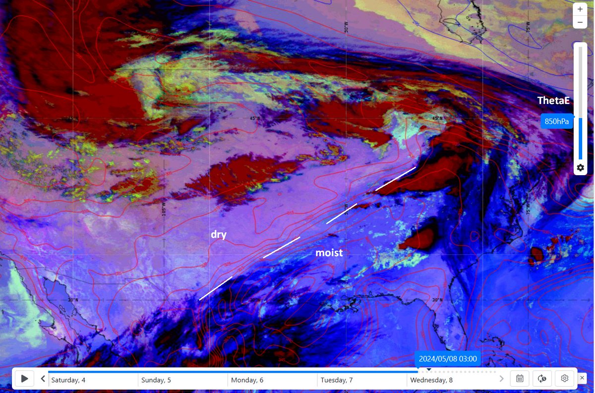 EO expert Jochen Kerkmann spotted this impressive long dry line over the US today. A dry line is a boundary between moist and dry air masses & in the US typically forms north to south in the southern & central plains. See the GOES-16 night micro RGB with Theta-E 850 hPa overlaid
