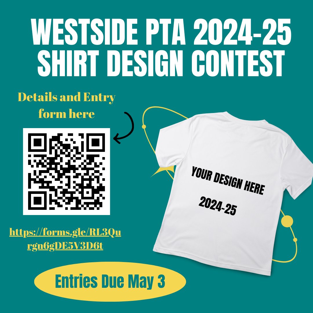 We have EXTENDED the deadline for Westside T-shirt contest entries to THIS FRIDAY MAY 10th! Parents, kids, staff,  and community members are all welcome to enter designs. Read details and submit a design here: forms.gle/AFP91iqhzaq9gz…