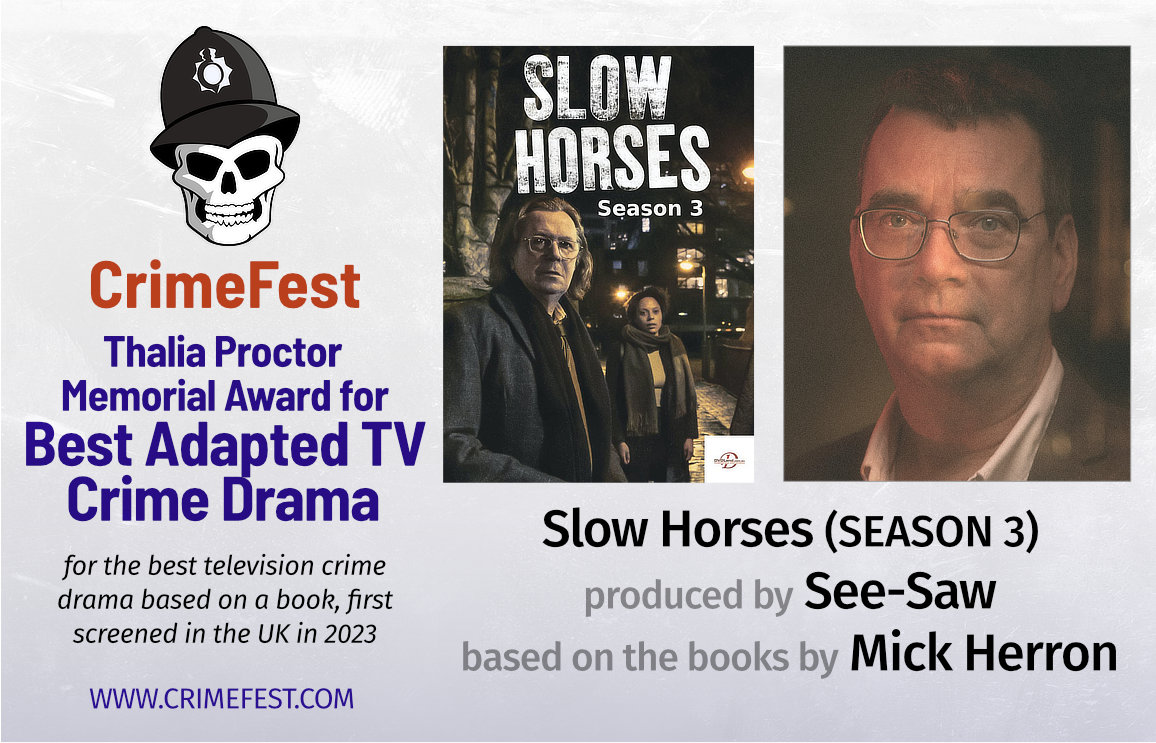 CONGRATS to Mick Herron winner of the #CrimeFest Best Adapted TV Crime Drama (the Thalia Proctor Memorial Award) for the second year on a trot for Apple TV’s Slow Horses, produced by See-Saw. @AppleTV @see_saw_films