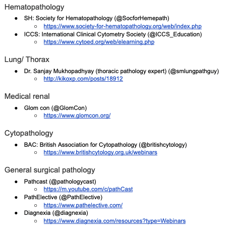 I am a huge proponent of educational webinars for learning 🧠 #PathWebinarPearls 👇👇👇is a compiled list of societies that regularly host educational webinars- many of which I have listened to myself! Most of these are FREE for residents, you may need to register as a member.