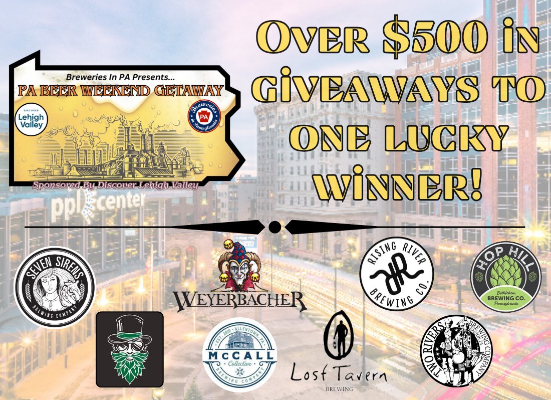 Coming next month! One lucky winner will win a weekend of beer in the #LehighValley Enjoy a stay at the Seven Sirens AirBnB plus gift cards to Seven Sirens, Weyerbacher, Brü Daddys, Rising River, Hop Hill, McCall Collective, Lost Tavern & Two Rivers Sponsored by @LehighValleyPA