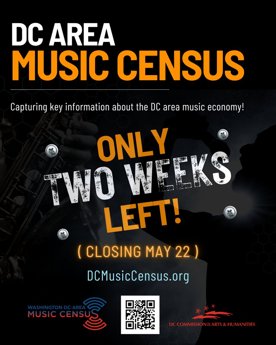 TWO WEEKS LEFT! The DC Area Music Census will close in two weeks on May 22nd.

The census captures key information about the DC area music economy to help the city and community make more informed decisions to support the music ecosystem.

dcmusiccensus.org #TheDCArts