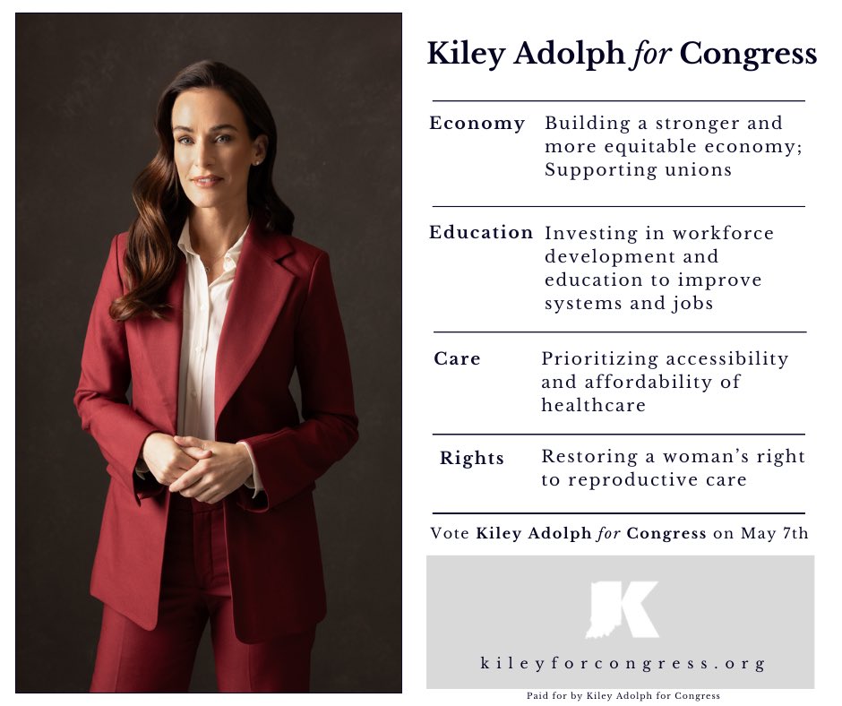 #Indiana 03
We have a chance to send a person with common sense, courage, and strong character to represent us in DC. 
@KileyMAdolph is that person! 
She will uplift Hoosiers, and the country by working for the People!  
#DemVoice1 #wtpBLUE #wtpGOTV24