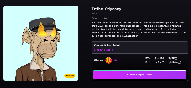 Congrats to @HnsNautic on winning Tribe Odyssey #2342🎟️📷 We'll be adding more raffles so get involved! Check out all on going raffles here: tribeodyssey.com/raffles