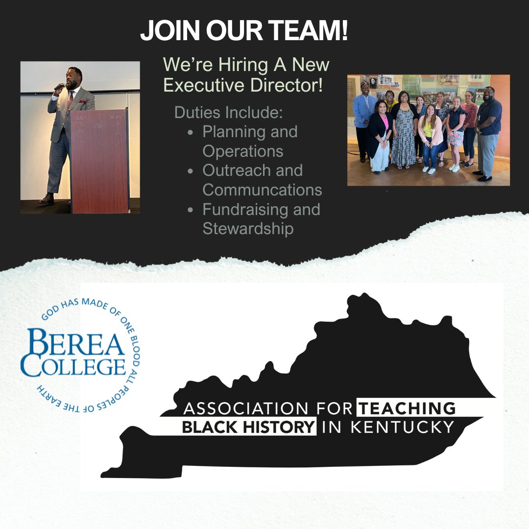 Passionate about Teaching and Black Kentucky History? We may have an opportunity for you!

The Association for Teaching Black History in Kentucky is currently seeking a new Executive Director! 📣 

#ATBHK #JoinOurTeam #BlackHistory #Education