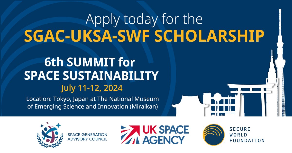 Less than a week left for young professionals to submit their application for the @SGAC-@spacegovuk-SWF scholarships to attend #SWFsummit24 in Tokyo! If you're a student or young professional eager to contribute to space sustainability, learn more at buff.ly/3y1p3fW