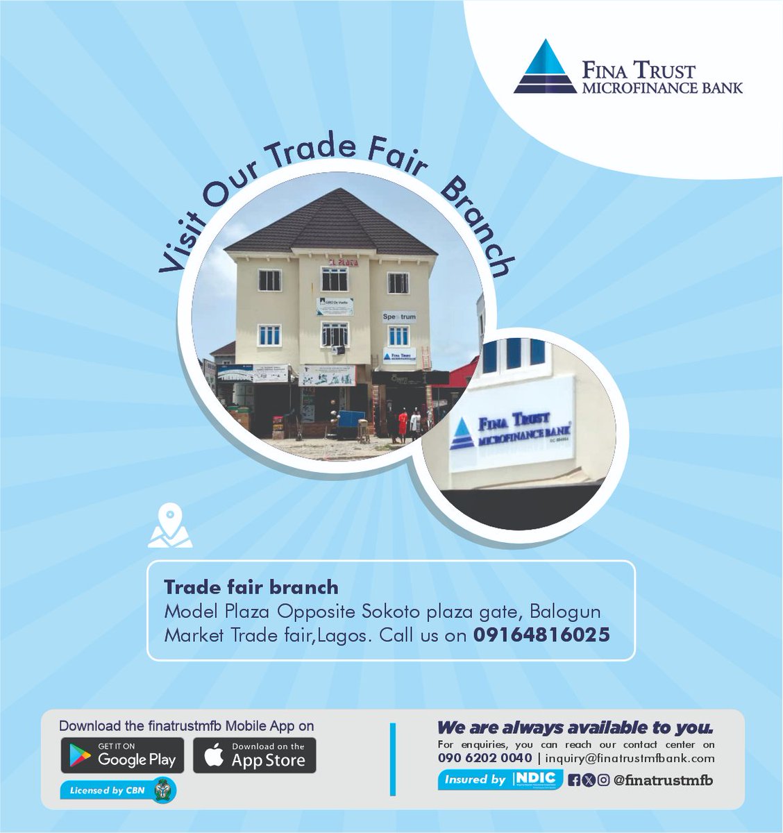 finatrustmfb's tweet photo. We are in Trade Fair!! Give your business that boost it needs by applying for a loan. Contact our Trade Fair branch on 09164816025 or https://t.co/RVrqdjJY5S

#finatrustmfb #finatrust #loans #banking https://t.co/wyRzhgoXVx