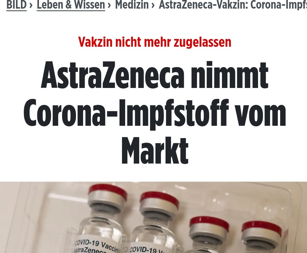 Vakzin nicht mehr zugelassen AstraZeneca nimmt Corona-Impfstoff vom Markt.

Nachdem 100 Millionen Menschen mit der Plörre geimpft worden sind, so nebenbei diese Meldung? 

Und die Schafe kapieren es immer noch nicht.🤡🤡🤡