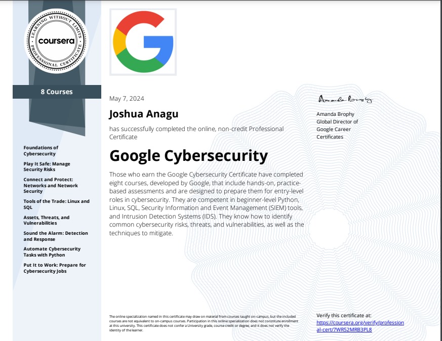 I'm thrilled to share that I've earned my Google Cybersecurity Specialization certification!
