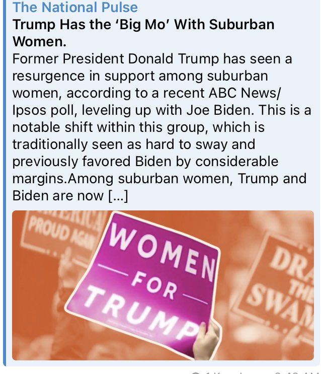 NEW: Trump Has the 'Big Mo' With Suburban Women. THE STORMY DANIELS TRIAL IS ALL ABOUT DRIVING WOMEN AWAY FROM TRUMP! It ain’t working! thenationalpulse.com/2024/05/07/tru…