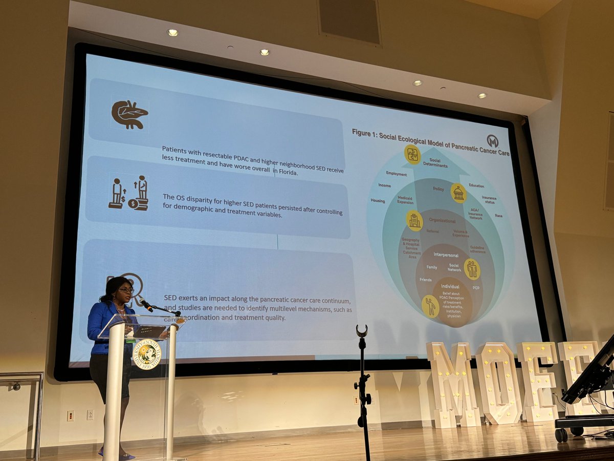 #HappeningNow | Nadege Fackche, MD  (@ScalpelMomma) discusses the impact of socioeconomic deprivation on overall survival for resectable pancreatic cancer patients in Florida. #MoffittScientifcSymposium.