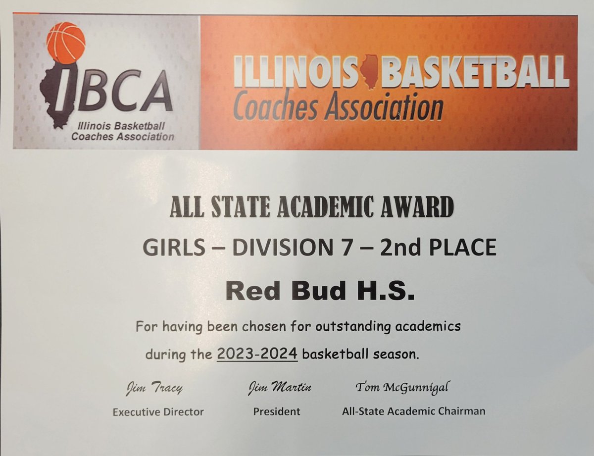 Proud to say our players earned 2nd place for the All State Academic Award in Division 7 from the IBCA. Great job on the court and in the classroom this year! #redbud132