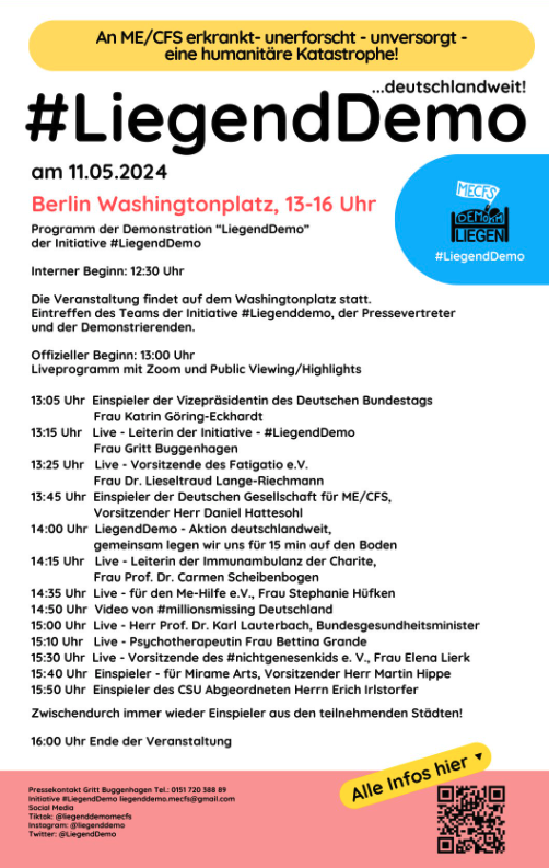 Anlässlich des internationalen ME/CFS-Tages finden am 11. Mai in ganz Deutschland #LiegendDemo s statt. Ich habe die Ehre, die Veranstaltung auf dem Washingtonplatz in Berlin zu moderieren. #MECFS @LiegendDemo