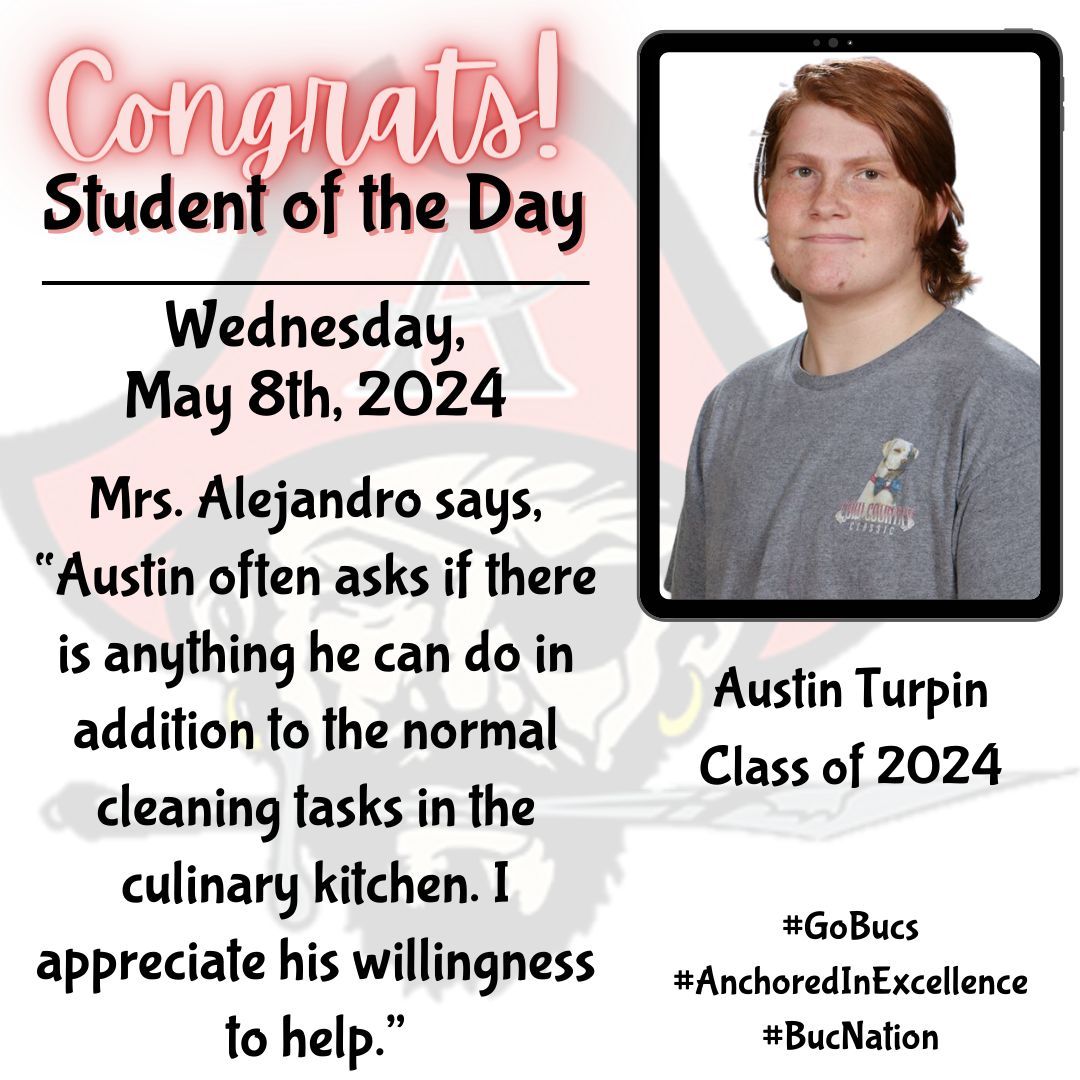 Congratulations to our Student of the Day Austin Turpin! #GoBucs #AnchoredInExcellence #BucNation @cobbschools