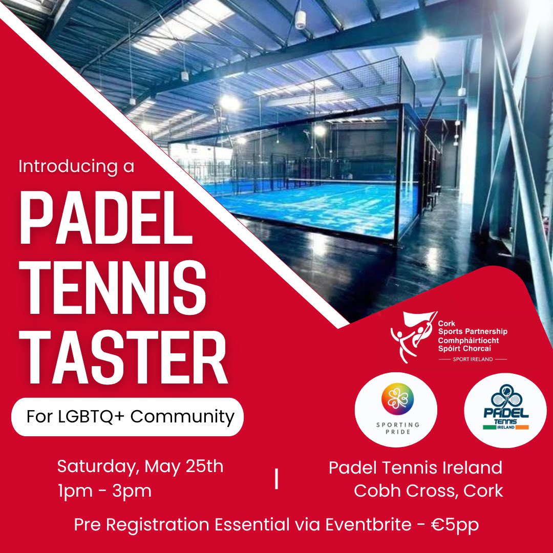 🤩🎉 Padel Tennis Event with @SportingPrideIE & @CorkSports 🏳️‍🌈🎾 Come join us for a fun & inclusive session of Padel Tennis for the Cork LGBTQ+ community, no experience required 📆 Sat 25th May 📍 Carrigtwohill ⏰ 1-3pm 🎟️ €5pp includes racket hire ➡️ rb.gy/out75f