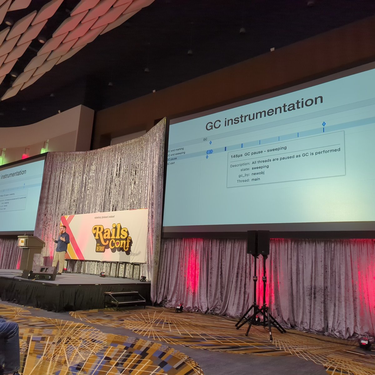 To kick off Day 2 of #RailsConf 2024, <a href="/jhawthorn/">@john@hawthorn.pub</a> is showing us how we can approach profiling and optimizing Ruby code using his new profiler, Vernier (github.com/jhawthorn/vern…)