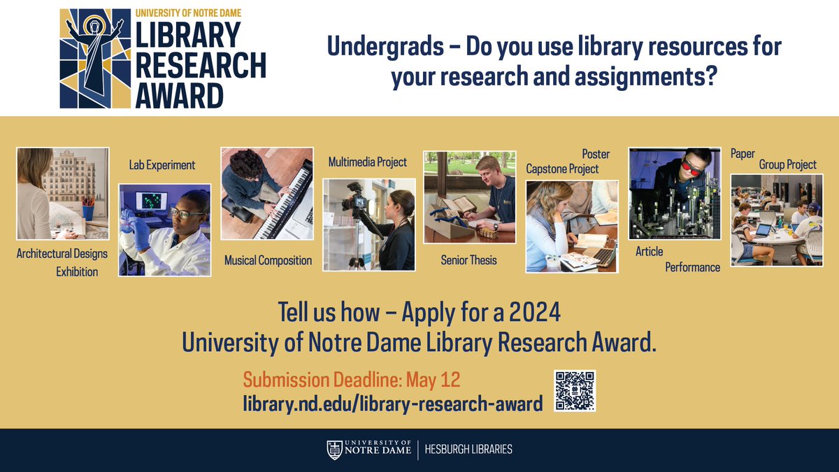MAY 12 DEADLINE: Last call for Library Research Award essay submissions for @NotreDame undergrads! Demonstrate excellence in using library research skills and resources for course assignments, research and other endeavors. Awards up to $1000. Learn more: library.nd.edu/library-resear…