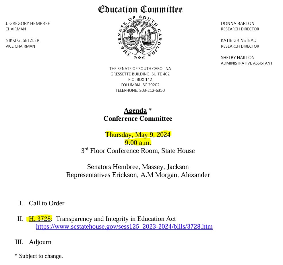 The conference committee will continue to discuss the classroom censorship bill, H. 3728, at a followup meeting on Thursday May 9 at 9 a.m. Agenda here: scstatehouse.gov/agendas/125s14…