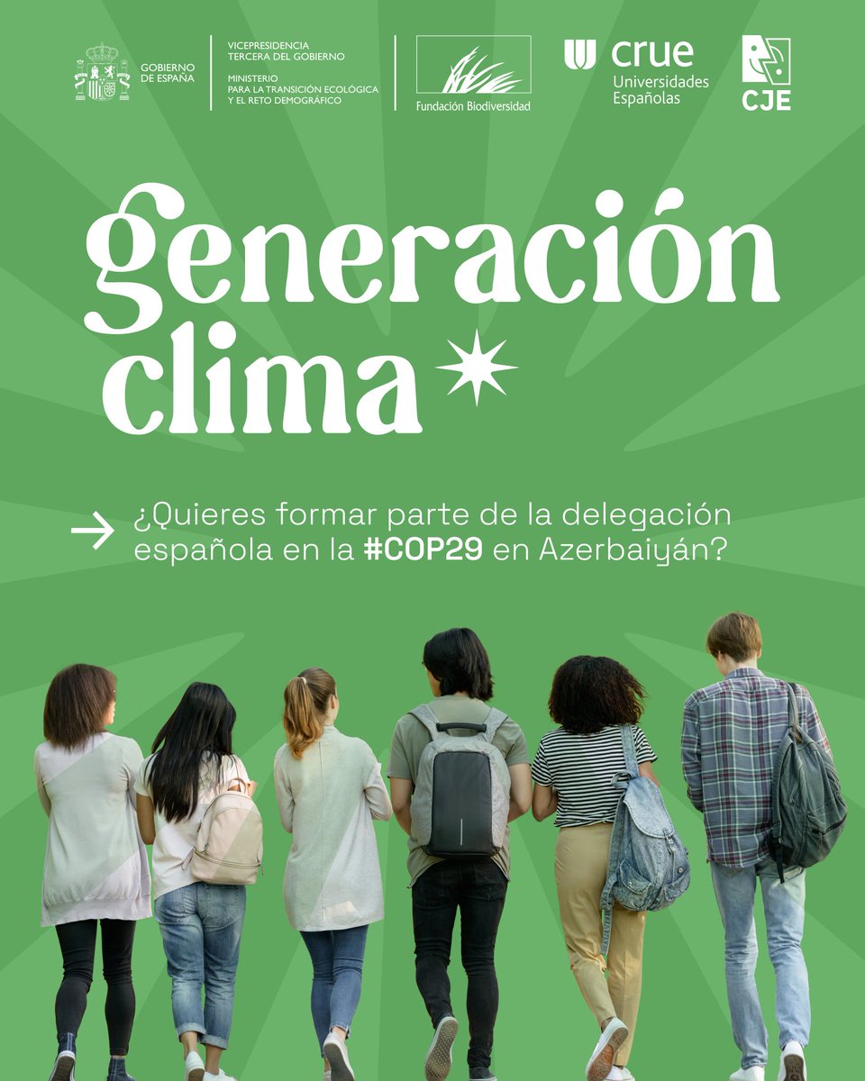 Consejo de la Juventud de España (@_cje_) on Twitter photo 📢¿Quieres representar a España en la #COP29 en Azerbaiyán?
🌍Si eres una persona joven apasionada de la acción climática echa un ojo a este enlace …eracioncop.fundacion-biodiversidad.es
Forma parte de la Generación Clima junto a <a href="/mitecogob/">Transición Ecológica y Reto Demográfico</a> y el CJE 📢¿Quieres representar a España en la #COP29 en Azerbaiyán?
🌍Si eres una persona joven apasionada de la acción climática echa un ojo a este enlace …eracioncop.fundacion-biodiversidad.es
Forma parte de la Generación Clima junto a <a href="/mitecogob/">Transición Ecológica y Reto Demográfico</a> y el CJE
