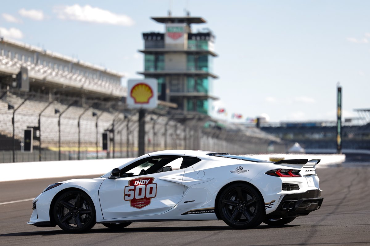 The quickest production Corvette in history will lead us to green. The 2024 Chevrolet Corvette E-Ray 3LZ coupe, with its combination of naturally aspirated V-8 and electrified AWD that combines for 655 horsepower, is the Official Pace Car for the #Indy500 #ThisIsMay | #INDYCAR