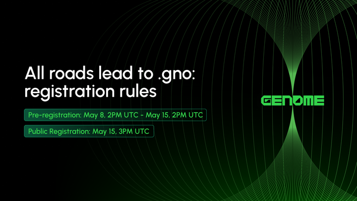 🚀 Pre-registration for .GNO Domains Starts Today! Register your .gno domain NOW: genomedomains.com Eligibility: Interacted with Gnosis in specific ways (holding tokens, campaigns, etc.), you might be eligible to pre-register. Check below for specifics👇