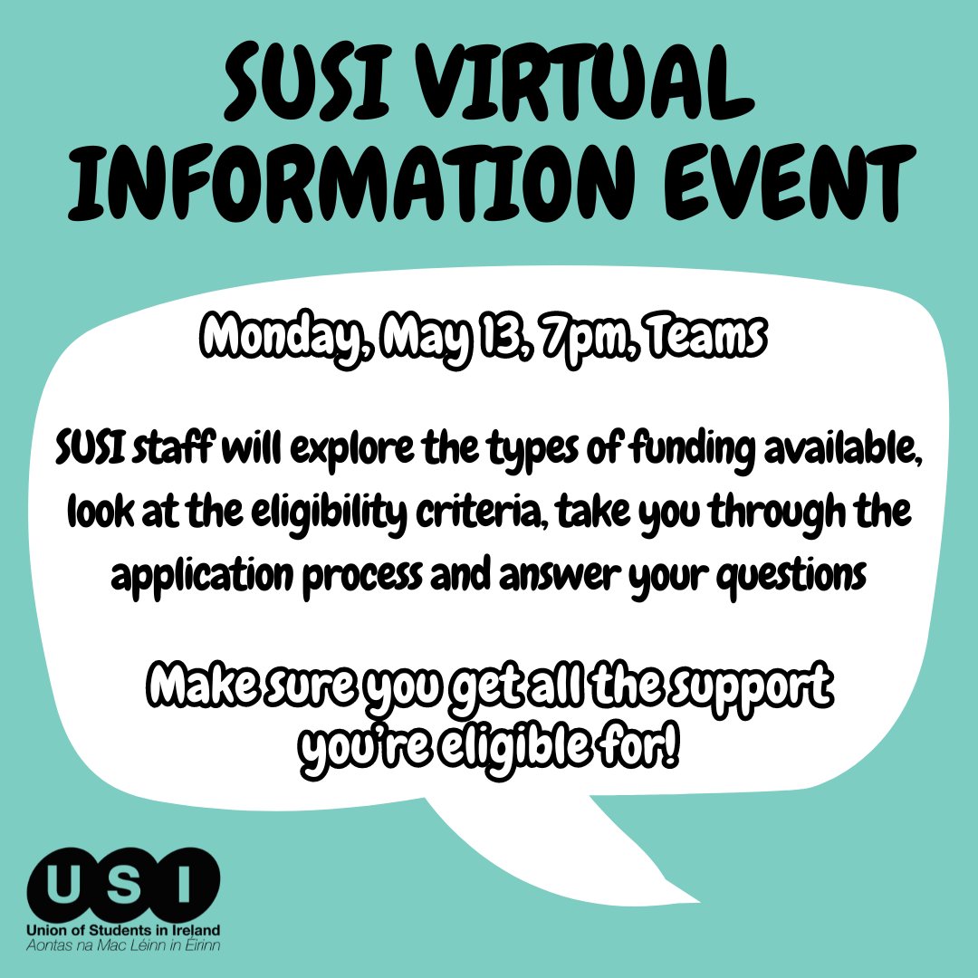 ℹ️ SUSI Virtual Information Event Monday, May 13, 7pm Make sure you know your rights❗️ All details are here 👉 susi.ie/news/susi-info…