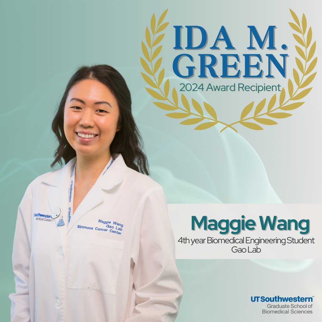 UTSW Graduate School of Biomedical Sciences (@utswgradschool) on Twitter photo Congratulations to the 2024 Ida M. Green Award for Excellence in Scholarship & Citizenship - Maggie Wang (<a href="/MaggieWangP/">Maggie Wang</a>), M.S., 4th Year Biomedical Engineering Student, mentored by Dr. Jinming Gao (<a href="/biotransistor/">Jinming Gao</a>). Congratulations, Maggie! Congratulations to the 2024 Ida M. Green Award for Excellence in Scholarship & Citizenship - Maggie Wang (<a href="/MaggieWangP/">Maggie Wang</a>), M.S., 4th Year Biomedical Engineering Student, mentored by Dr. Jinming Gao (<a href="/biotransistor/">Jinming Gao</a>). Congratulations, Maggie!
