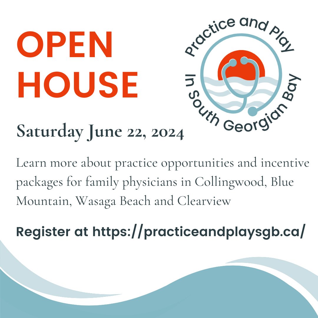 Build your dream career and love where you live! Opportunities for family physicians in Collingwood, Blue Mountain, Wasaga Beach and Clearview. Register for our open house to learn more about practice opportunities and incentive packages! Register at: practiceandplaysgb.ca
