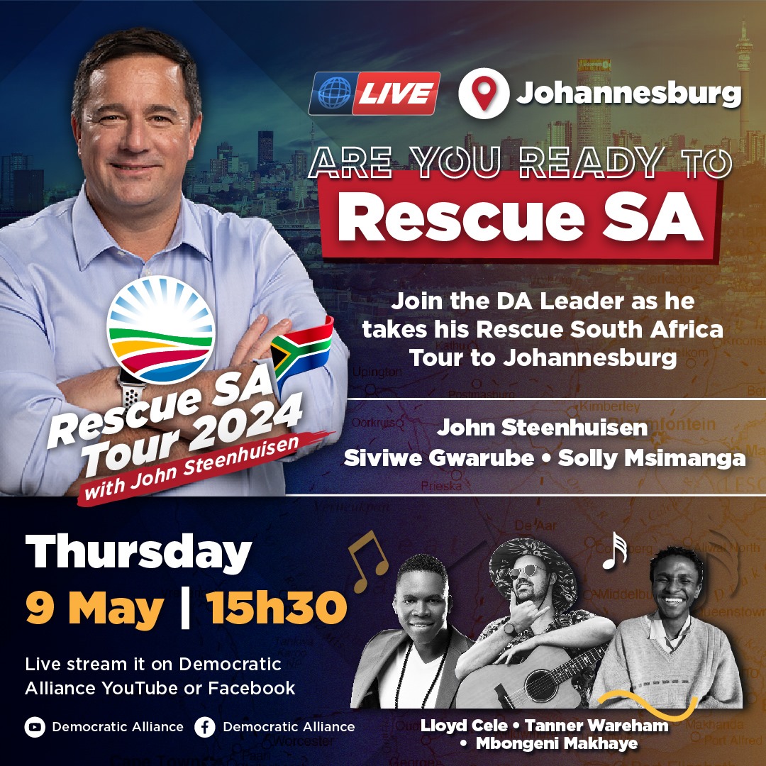 🎯 The DA Leader will take his country-wide #RescueSAtour to Johannesburg tomorrow. He will outline our plan to rescue the economic hub from ANC corruption and misrule. Live-stream at 15h30 on the DA's YouTube and Facebook pages. #RescueSA