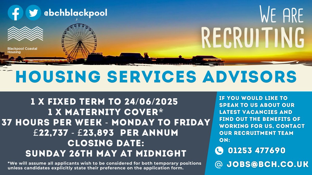 bchblackpool's tweet photo. We currently have two positions available to join our friendly Housing Services Team, and you might be exactly who we are looking for! To find out more and apply, visit: https://t.co/Dw6jp6bTxm 

#jobopportunity #jobsinblackpool #newjob https://t.co/EDfeoQXnJb