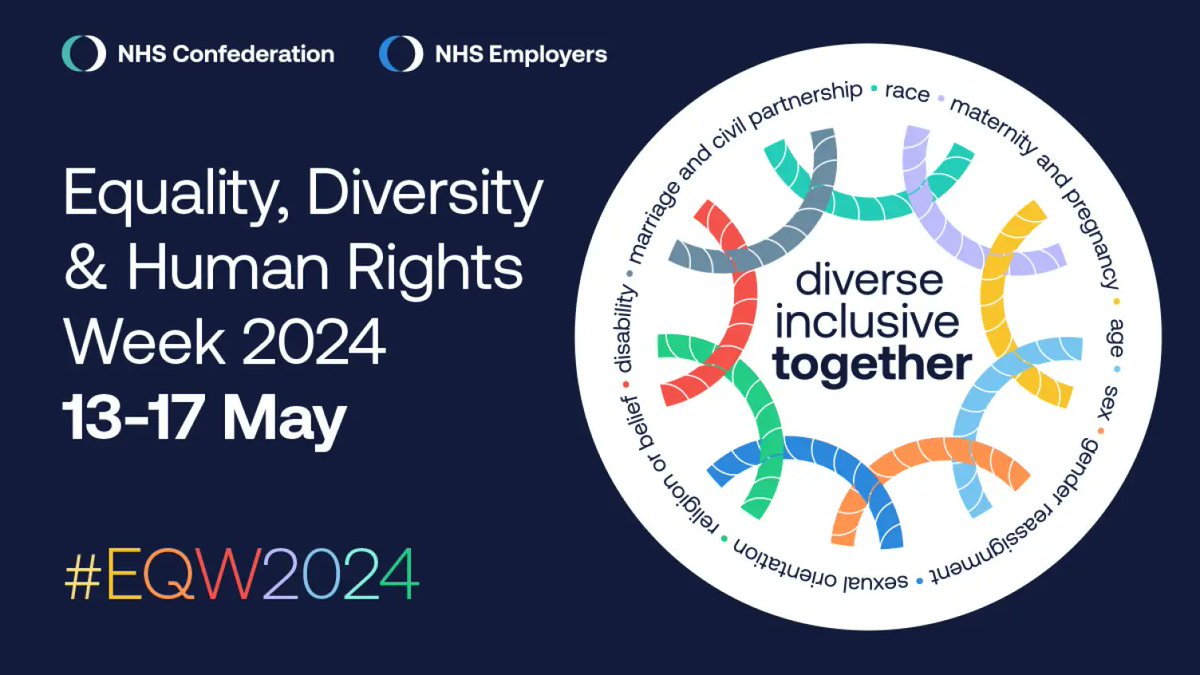Join us for #EQW2024! From Monday 13 May - Friday 17 May, as we celebrate equality, diversity, and inclusion in health and care. Let’s create a fairer and more inclusive NHS together. Follow <a href="/NHSE_Diversity/">Diversity & Inclusion</a> for updates. #OurNHSpeople #NHSLTWP #WRES #WDES