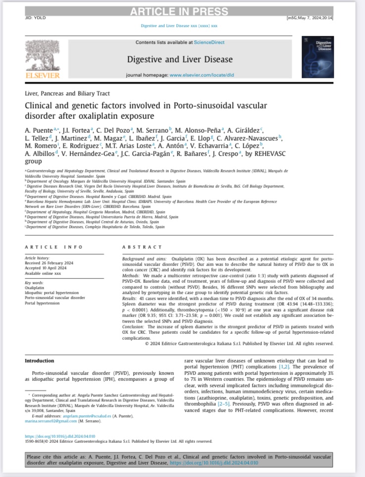 Clinical and genetic factors involved in Porto sinusoidal vascular disorder after oxaliplatin exposure. Last work of REHEVASC group!!! @AEEHLiver @DigValdecilla @IDIVALdireccion @IDIVALdecilla Digestive and Liver Disease, doi.org/10.1016/j.dld.…