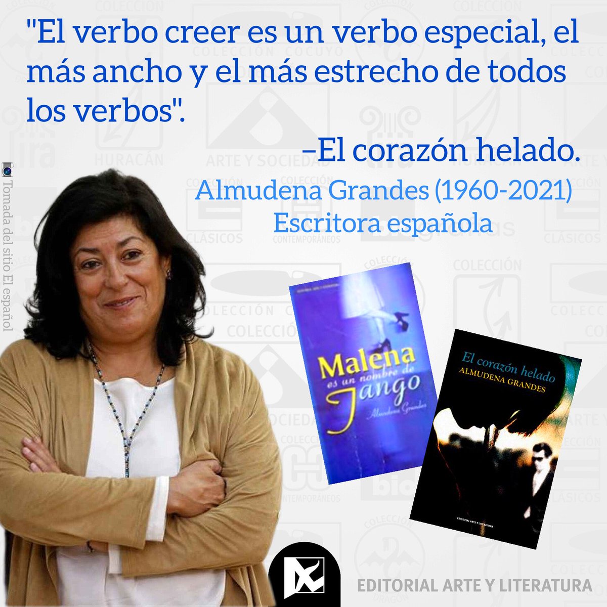 📓 La escritora #AlmudenaGrandes nació este el 7 de #mayo de 1960 en #Madrid, #España. Fue columnista habitual del diario @elpais_espana. Recibió el #PremioNacional de Narrativa, entre otros.
📚 @Editorial_AyL publicó sus novelas Malena es un nombre de tango y El corazón helado.