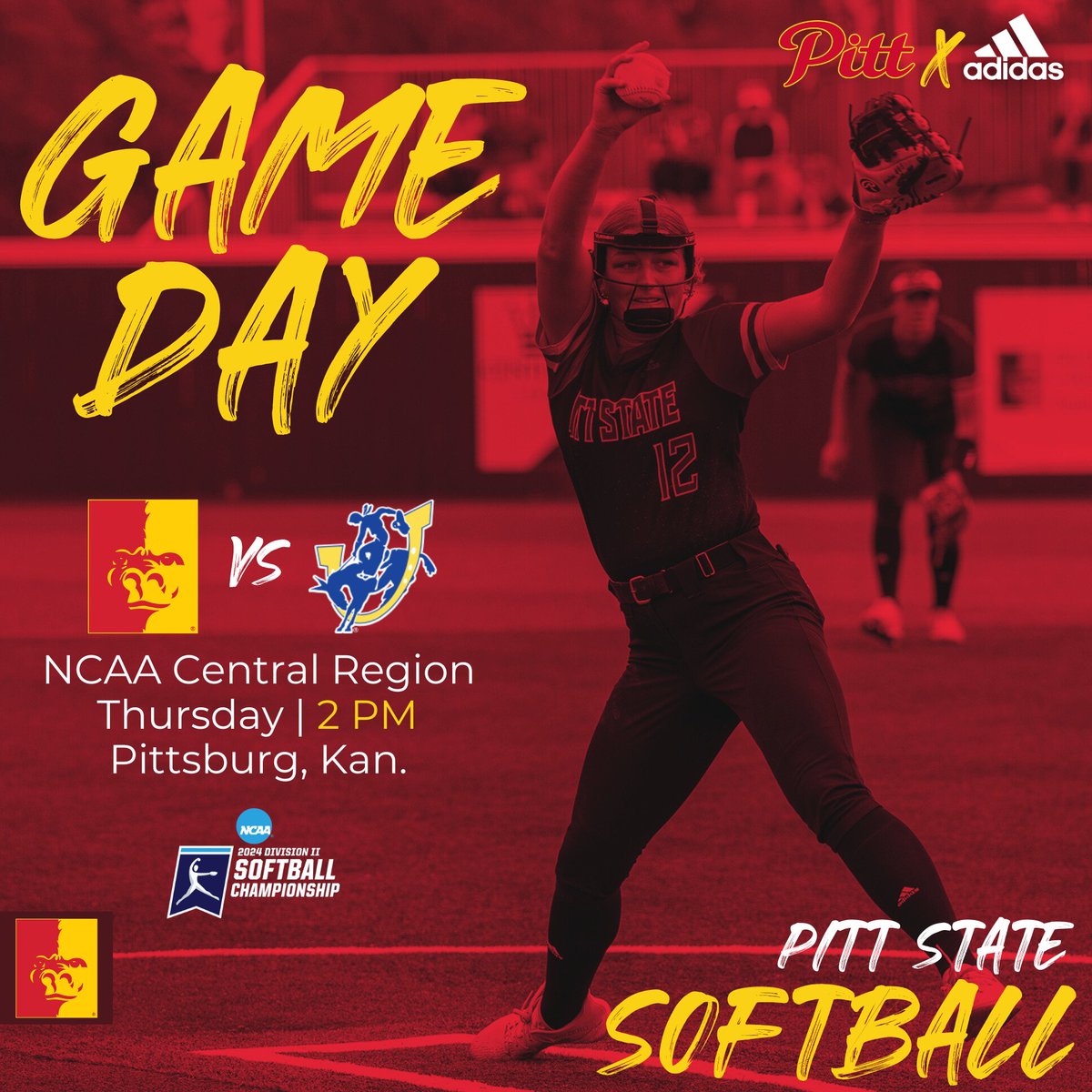 🚨IT'S GAMEDAY🚨

Gorilla Softball opens the NCAA Central Region Tournament AT HOME this afternoon against Southern Arkansas 🦍🥎

Get to the ballpark.

@Gorilla_SFB|@pittstate