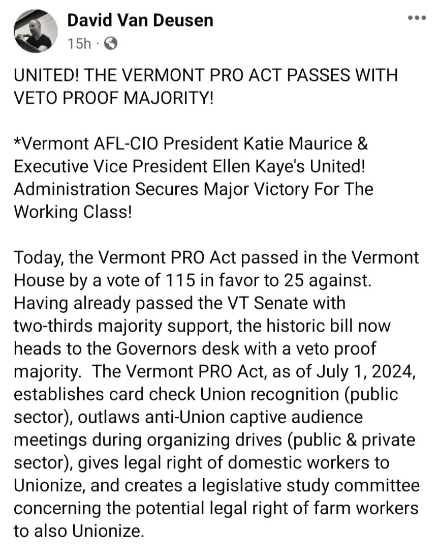 Big news in Vermont. The State Labor Council is racking up some Ws.