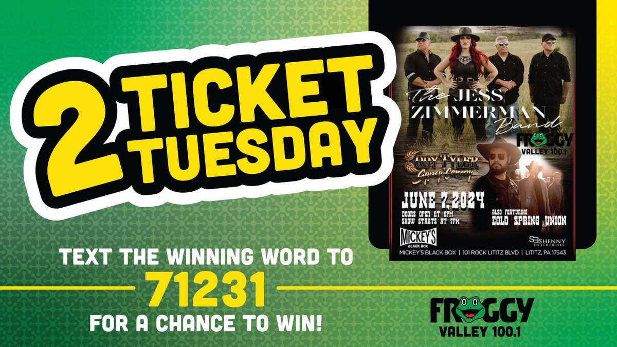Coming up on Tuesday it is a 2 Ticket Tuesday! We are sending you and a guest to see the Jess Zimmerman Band, Cody Tyler & Gypsy-Convoy and Cold Spring Union in concert at Mickey's Black Box in Lititz! Tune in to hear the winning word to text into to 71231!